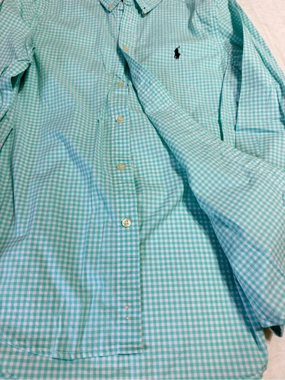 Polo Ralph Lauren Boys L 14-16 Aqua Gingham Button Down Shirt Long Sleeve